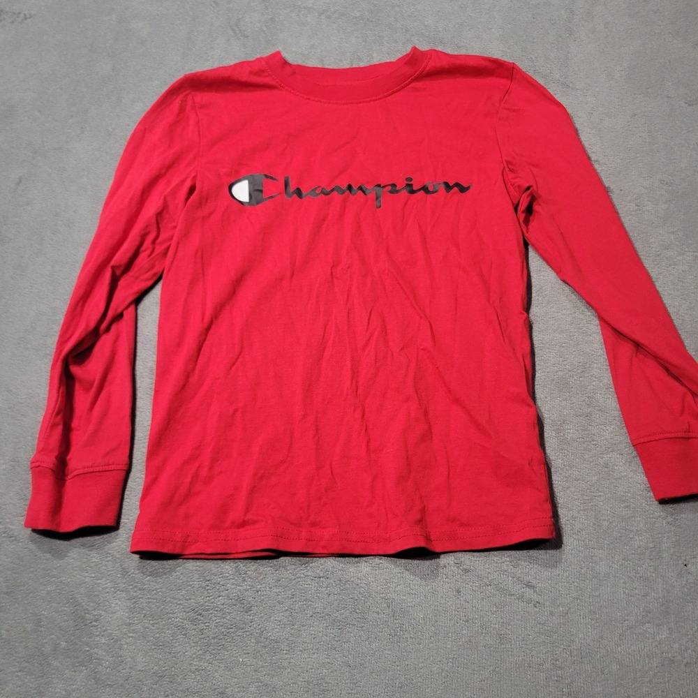 Champion Long Sleeve T-Shirt Kids Size‎ S Red Script Logo Athletic Casual Cotton